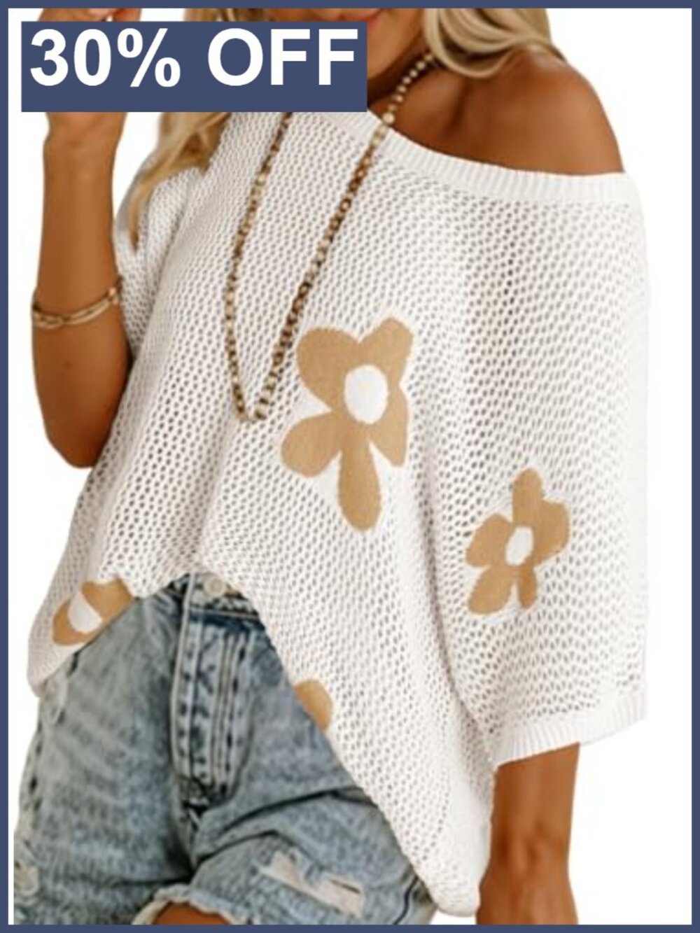 Floral Crochet Short Sleeve Knit Pullover Sweater Swimsuit Cover Up Beach